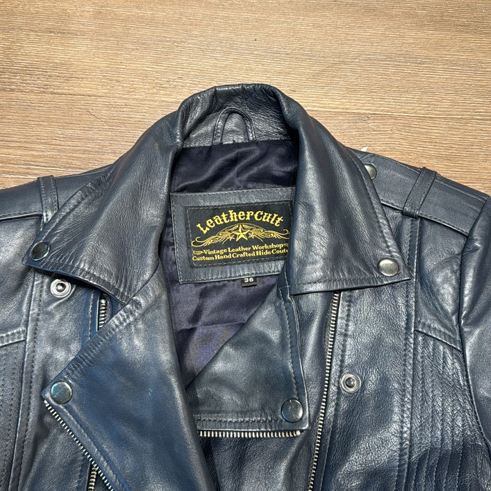 Blue leather Moto jacket - Picture 2 of 5